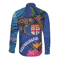 Fiji and Australia Together Long Sleeve Button Shirt Aboriginal Kangaroo and Tapa Tribal Hibiscus LT03 - Polynesian Pride