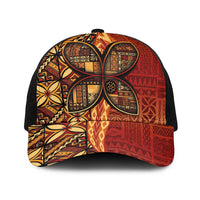 Samoan Pacific Tribal Flower Geometric Art Tattoos Baseball Net Cap Siapo Pattern Flame Sunset LT03 One Size Black Red - Polynesian Pride