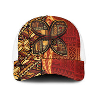 Samoan Pacific Tribal Flower Geometric Art Tattoos Baseball Net Cap Siapo Pattern Flame Sunset LT03 One Size White Red - Polynesian Pride