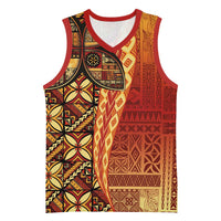 Samoan Pacific Tribal Flower Geometric Art Tattoos Basketball Jersey Siapo Pattern Flame Sunset LT03 Unisex Red - Polynesian Pride