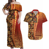 Samoan Pacific Tribal Flower Geometric Art Tattoos Couples Matching Off Shoulder Maxi Dress and Hawaiian Shirt Siapo Pattern Flame Sunset - Polynesian Pride