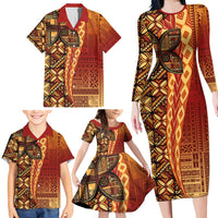 Samoan Pacific Tribal Flower Geometric Art Tattoos Family Matching Long Sleeve Bodycon Dress and Hawaiian Shirt Siapo Pattern Flame Sunset - Polynesian Pride