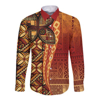 Samoan Pacific Tribal Flower Geometric Art Tattoos Long Sleeve Button Shirt Siapo Pattern Flame Sunset LT03 Unisex Red - Polynesian Pride
