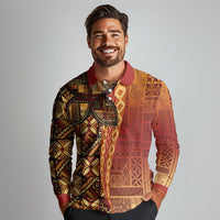 Samoan Pacific Tribal Flower Geometric Art Tattoos Long Sleeve Polo Shirt Siapo Pattern Flame Sunset LT03 - Polynesian Pride