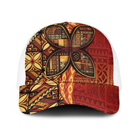 Samoan Pacific Tribal Flower Geometric Art Tattoos Mesh Trucker Cap Siapo Pattern Flame Sunset LT03 One Size White Red - Polynesian Pride