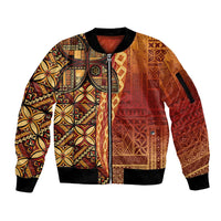 Samoan Pacific Tribal Flower Geometric Art Tattoos Sleeve Zip Bomber Jacket Siapo Pattern Flame Sunset - Polynesian Pride