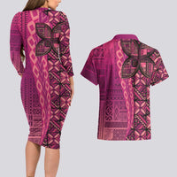 Samoan Pacific Tribal Flower Geometric Art Tattoos Couples Matching Long Sleeve Bodycon Dress and Hawaiian Shirt Siapo Pattern Romantic Rose - Polynesian Pride