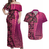 Samoan Pacific Tribal Flower Geometric Art Tattoos Couples Matching Off Shoulder Maxi Dress and Hawaiian Shirt Siapo Pattern Romantic Rose - Polynesian Pride