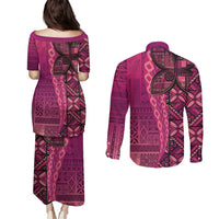Samoan Pacific Tribal Flower Geometric Art Tattoos Couples Matching Puletasi and Long Sleeve Button Shirt Siapo Pattern Romantic Rose LT03 - Polynesian Pride