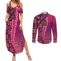 Samoan Pacific Tribal Flower Geometric Art Tattoos Couples Matching Summer Maxi Dress and Long Sleeve Button Shirt Siapo Pattern Romantic Rose LT03 Pink - Polynesian Pride