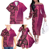 Samoan Pacific Tribal Flower Geometric Art Tattoos Family Matching Off The Shoulder Long Sleeve Dress and Hawaiian Shirt Siapo Pattern Romantic Rose - Polynesian Pride