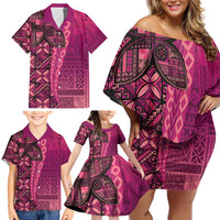 Samoan Pacific Tribal Flower Geometric Art Tattoos Family Matching Off Shoulder Short Dress and Hawaiian Shirt Siapo Pattern Romantic Rose - Polynesian Pride