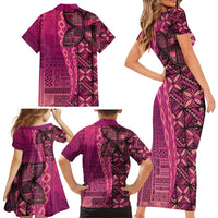 Samoan Pacific Tribal Flower Geometric Art Tattoos Family Matching Short Sleeve Bodycon Dress and Hawaiian Shirt Siapo Pattern Romantic Rose - Polynesian Pride