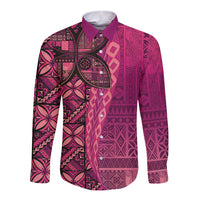 Samoan Pacific Tribal Flower Geometric Art Tattoos Long Sleeve Button Shirt Siapo Pattern Romantic Rose LT03 Unisex Pink - Polynesian Pride