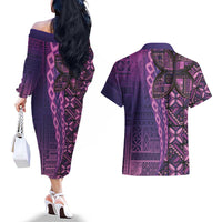 Samoan Pacific Tribal Flower Geometric Art Tattoos Couples Matching Off The Shoulder Long Sleeve Dress and Hawaiian Shirt Siapo Pattern Purple Haze - Polynesian Pride