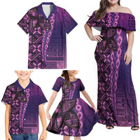 Samoan Pacific Tribal Flower Geometric Art Tattoos Family Matching Off Shoulder Maxi Dress and Hawaiian Shirt Siapo Pattern Purple Haze - Polynesian Pride