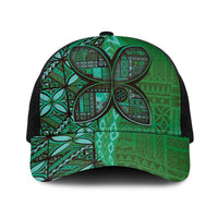 Samoan Pacific Tribal Flower Geometric Art Tattoos Baseball Net Cap Siapo Pattern Emerald Glow LT03 One Size Black Green - Polynesian Pride