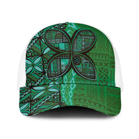 Samoan Pacific Tribal Flower Geometric Art Tattoos Baseball Net Cap Siapo Pattern Emerald Glow LT03 One Size White Green - Polynesian Pride