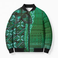 Samoan Pacific Tribal Flower Geometric Art Tattoos Bomber Puffer Jacket Siapo Pattern Emerald Glow LT03 Green - Polynesian Pride