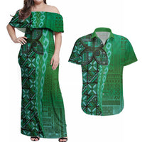 Samoan Pacific Tribal Flower Geometric Art Tattoos Couples Matching Off Shoulder Maxi Dress and Hawaiian Shirt Siapo Pattern Emerald Glow - Polynesian Pride