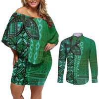 Samoan Pacific Tribal Flower Geometric Art Tattoos Couples Matching Off Shoulder Short Dress and Long Sleeve Button Shirt Siapo Pattern Emerald Glow LT03 Green - Polynesian Pride