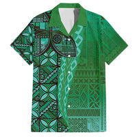 Samoan Pacific Tribal Flower Geometric Art Tattoos Family Matching Long Sleeve Bodycon Dress and Hawaiian Shirt Siapo Pattern Emerald Glow - Polynesian Pride