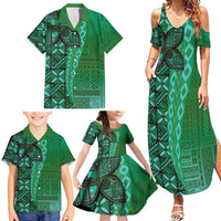 Samoan Pacific Tribal Flower Geometric Art Tattoos Family Matching Summer Maxi Dress and Hawaiian Shirt Siapo Pattern Emerald Glow - Polynesian Pride