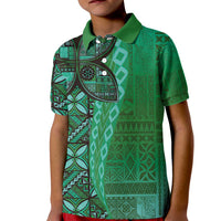 Samoan Pacific Tribal Flower Geometric Art Tattoos Kid Polo Shirt Siapo Pattern Emerald Glow - Polynesian Pride