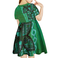 Samoan Pacific Tribal Flower Geometric Art Tattoos Kid Short Sleeve Dress Siapo Pattern Emerald Glow - Polynesian Pride