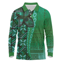 Samoan Pacific Tribal Flower Geometric Art Tattoos Long Sleeve Polo Shirt Siapo Pattern Emerald Glow LT03 Green - Polynesian Pride