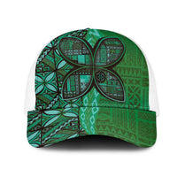 Samoan Pacific Tribal Flower Geometric Art Tattoos Mesh Trucker Cap Siapo Pattern Emerald Glow - Polynesian Pride