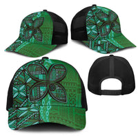 Samoan Pacific Tribal Flower Geometric Art Tattoos Mesh Trucker Cap Siapo Pattern Emerald Glow - Polynesian Pride