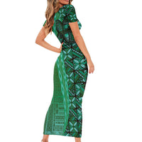 Samoan Pacific Tribal Flower Geometric Art Tattoos Short Sleeve Bodycon Dress Siapo Pattern Emerald Glow - Polynesian Pride