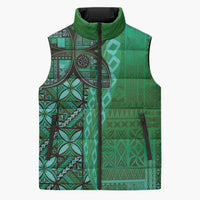 Samoan Pacific Tribal Flower Geometric Art Tattoos Sleeveless Puffer Jacket Siapo Pattern Emerald Glow LT03 Green - Polynesian Pride