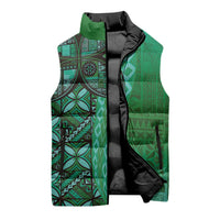 Samoan Pacific Tribal Flower Geometric Art Tattoos Sleeveless Puffer Jacket Siapo Pattern Emerald Glow LT03 - Polynesian Pride