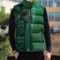 Samoan Pacific Tribal Flower Geometric Art Tattoos Sleeveless Puffer Jacket Siapo Pattern Emerald Glow LT03 - Polynesian Pride