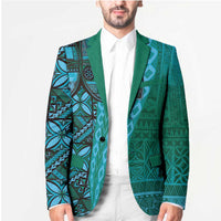 Samoan Pacific Tribal Flower Geometric Art Tattoos Blazer Siapo Pattern Turquoise Tide - Polynesian Pride