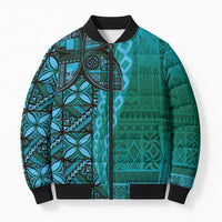 Samoan Pacific Tribal Flower Geometric Art Tattoos Bomber Puffer Jacket Siapo Pattern Turquoise Tide LT03 Turquoise - Polynesian Pride