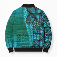 Samoan Pacific Tribal Flower Geometric Art Tattoos Bomber Puffer Jacket Siapo Pattern Turquoise Tide LT03 - Polynesian Pride