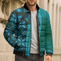 Samoan Pacific Tribal Flower Geometric Art Tattoos Bomber Puffer Jacket Siapo Pattern Turquoise Tide LT03 - Polynesian Pride