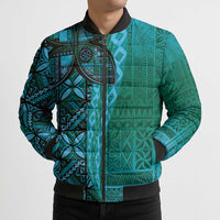 Samoan Pacific Tribal Flower Geometric Art Tattoos Bomber Puffer Jacket Siapo Pattern Turquoise Tide LT03 - Polynesian Pride