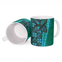 Samoan Pacific Tribal Flower Geometric Art Tattoos Ceramic Mug Siapo Pattern Turquoise Tide - Polynesian Pride