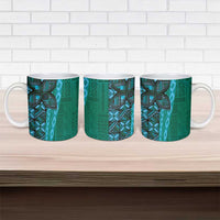 Samoan Pacific Tribal Flower Geometric Art Tattoos Ceramic Mug Siapo Pattern Turquoise Tide - Polynesian Pride