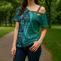 Samoan Pacific Tribal Flower Geometric Art Tattoos Cross Shoulder Shirt Siapo Pattern Turquoise Tide LT03 - Polynesian Pride