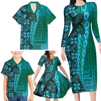 Samoan Pacific Tribal Flower Geometric Art Tattoos Family Matching Long Sleeve Bodycon Dress and Hawaiian Shirt Siapo Pattern Turquoise Tide - Polynesian Pride