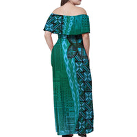 Samoan Pacific Tribal Flower Geometric Art Tattoos Family Matching Off Shoulder Maxi Dress and Hawaiian Shirt Siapo Pattern Turquoise Tide - Polynesian Pride