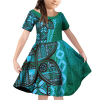 Samoan Pacific Tribal Flower Geometric Art Tattoos Family Matching Off Shoulder Short Dress and Hawaiian Shirt Siapo Pattern Turquoise Tide - Polynesian Pride