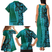 Samoan Pacific Tribal Flower Geometric Art Tattoos Family Matching Tank Maxi Dress and Hawaiian Shirt Siapo Pattern Turquoise Tide - Polynesian Pride