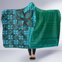 Samoan Pacific Tribal Flower Geometric Art Tattoos Hooded Blanket Siapo Pattern Turquoise Tide - Polynesian Pride
