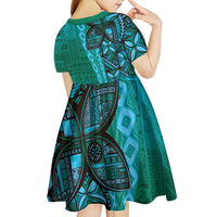 Samoan Pacific Tribal Flower Geometric Art Tattoos Kid Short Sleeve Dress Siapo Pattern Turquoise Tide - Polynesian Pride